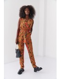 Patterned jumpsuit with envelope neckline, orange and mustard 70000 - Online store - Boutique